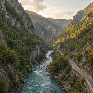 Rocky slopes and beech forest above the Jiu River in the Jiu Gorge, south of Petrosani